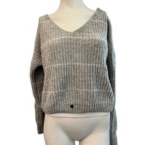 Pink Rose Ladies Small Soft Sweater Cable Knit Light Gray V-neck Oversized Crop
